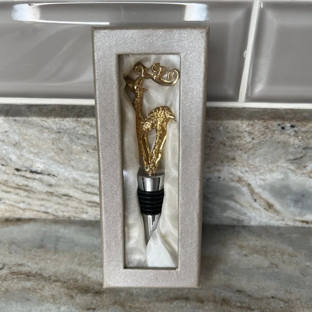 Gold Tone Filigree Reindeer Wine Bottle Stopper Party Holiday Christmas